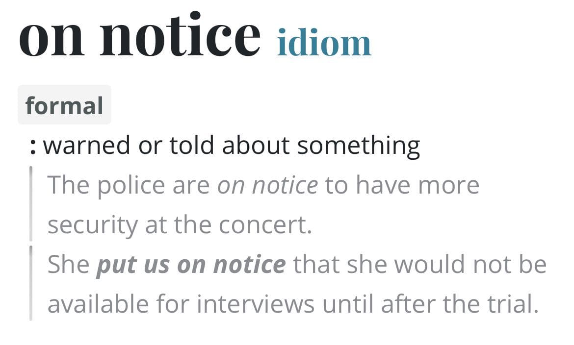 Can we say “put someone on notice about something”? I only saw the structure of “put someone on notice that+clause”.